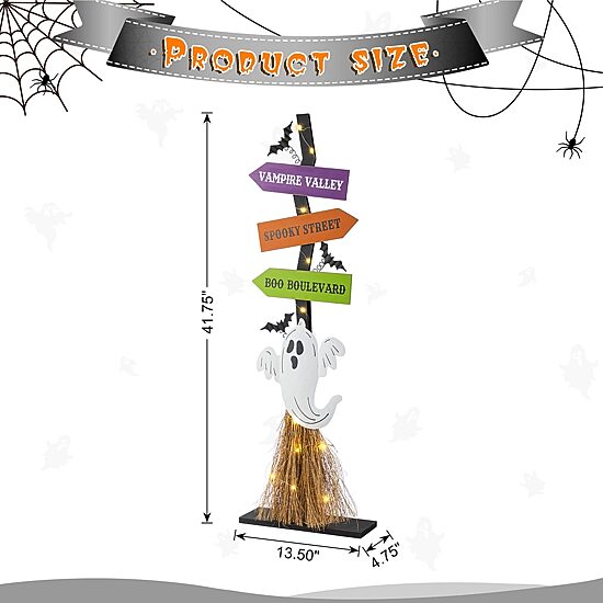Glitzhome 42"H Lighted Wooden Ghost'S Broom Porch Sign