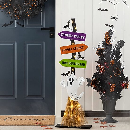 Glitzhome 42"H Lighted Wooden Ghost'S Broom Porch Sign