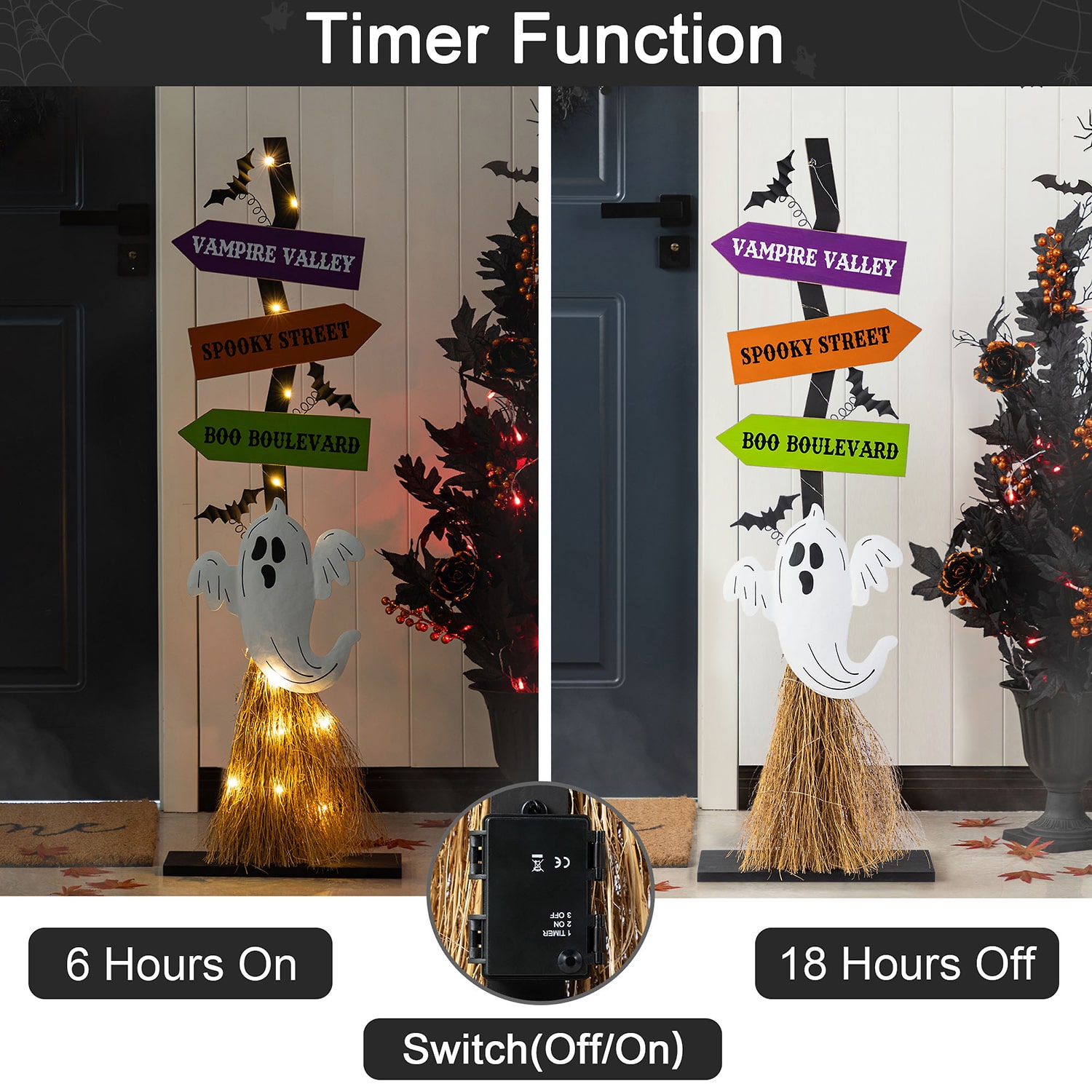 Glitzhome 42"H Lighted Wooden Ghost'S Broom Halloween Porch Sign