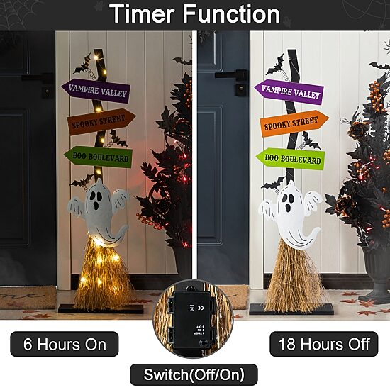Glitzhome 42"H Lighted Wooden Ghost'S Broom Porch Sign