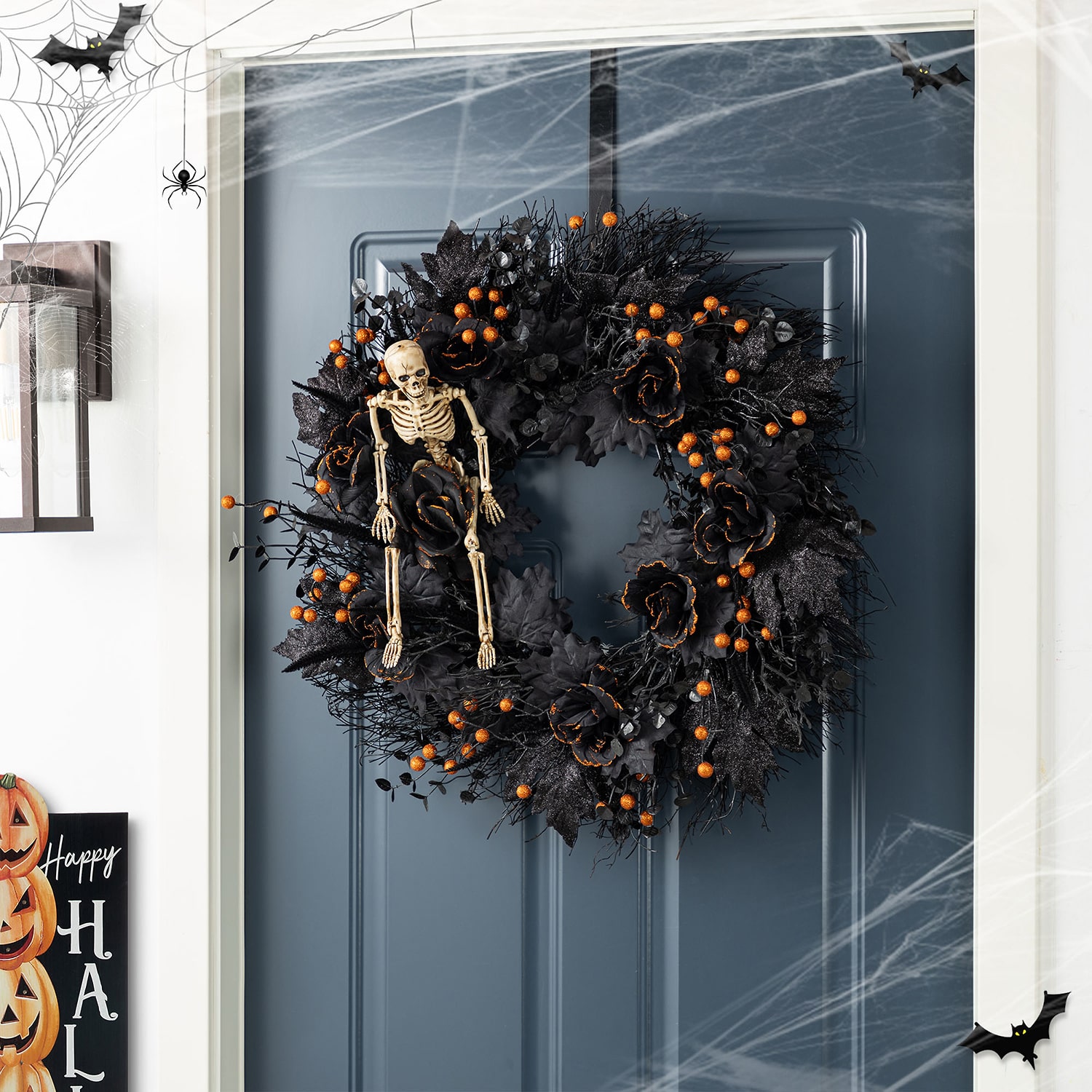 Glitzhome 24"D Halloween Black Rose, Skeleton And Berry Wreath Wall Sign