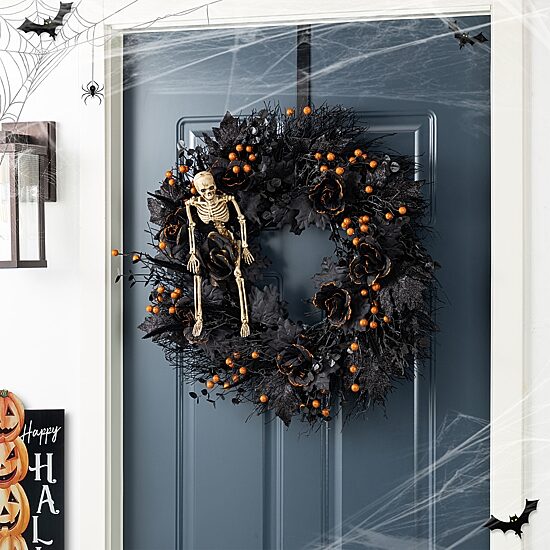 Glitzhome 24"D Halloween Black Rose, Skeleton And Berry Wreath Wall Sign