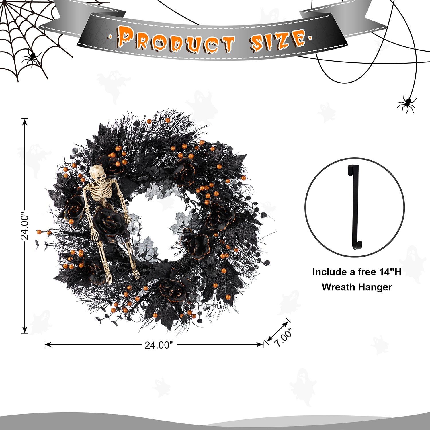 Glitzhome 24"D Halloween Black Rose, Skeleton And Berry Wreath Wall Sign