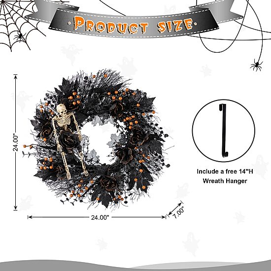 Glitzhome 24"D Halloween Black Rose, Skeleton And Berry Wreath Wall Sign
