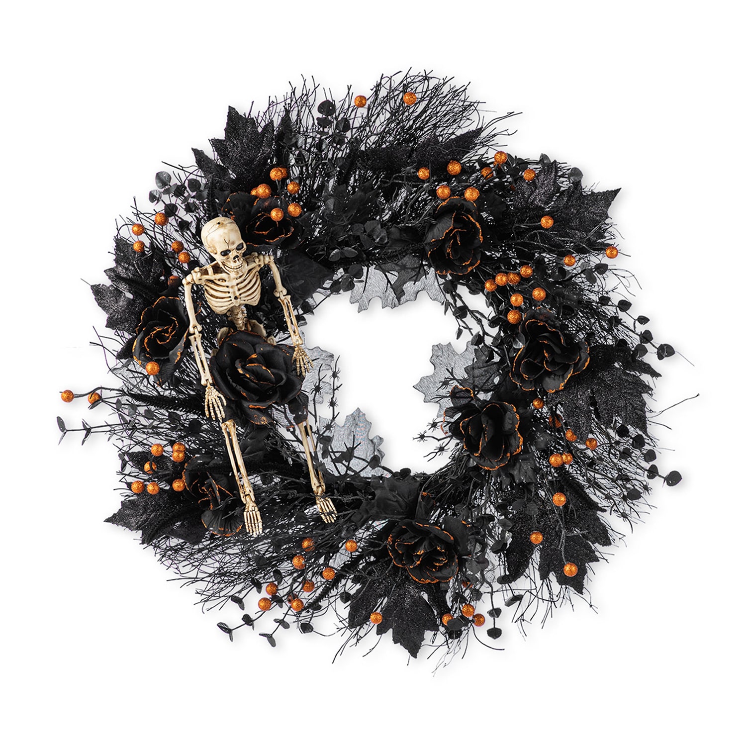 Glitzhome 24"D Halloween Black Rose, Skeleton And Berry Wreath Wall Sign