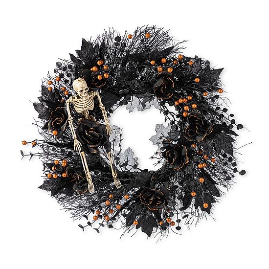 Glitzhome 24"D Halloween Black Rose, Skeleton And Berry Wreath Wall Sign