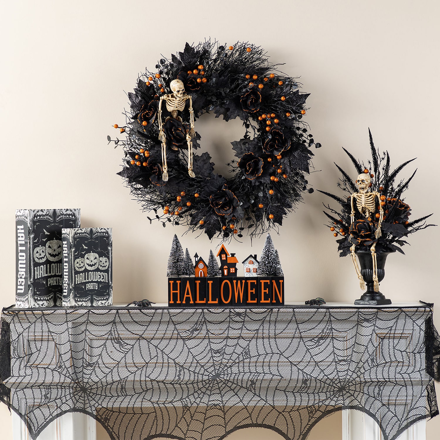 Glitzhome 24"D Halloween Black Rose, Skeleton And Berry Wreath Wall Sign