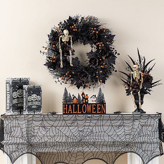 Glitzhome 24"D Halloween Black Rose, Skeleton And Berry Wreath Wall Sign