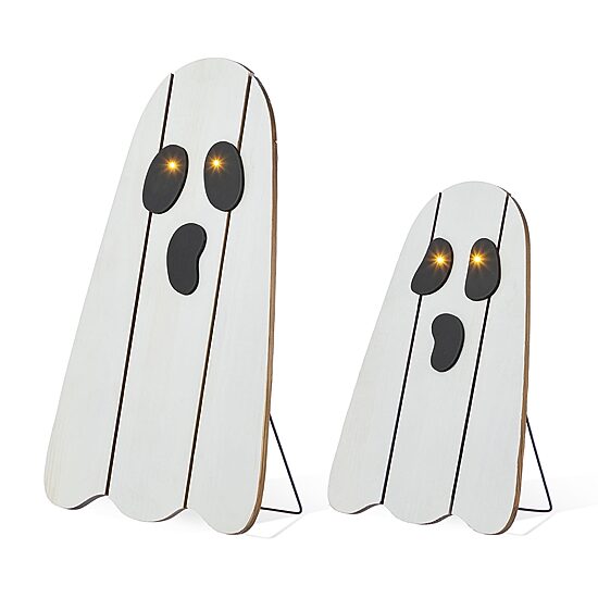 Glitzhome 24"H Halloween Lighted Wooden White Ghost Porch Sign