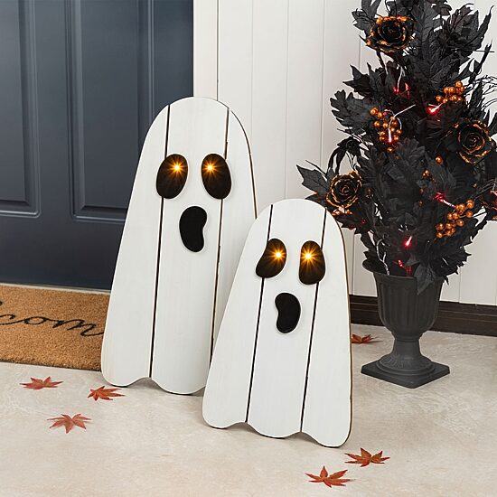 Glitzhome 24"H Halloween Lighted Wooden White Ghost Porch Sign