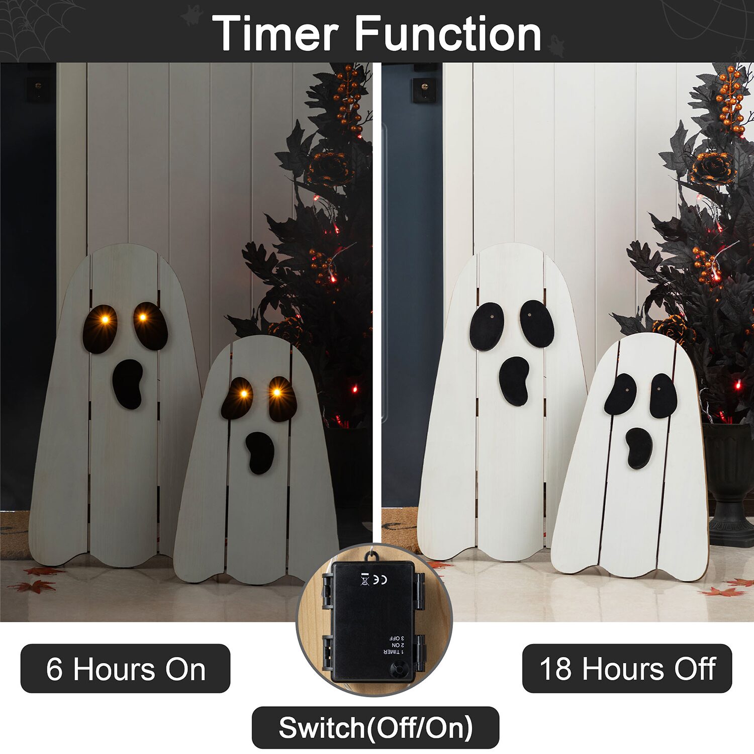 Glitzhome 24"H Halloween Lighted Wooden White Ghost Halloween Porch Sign