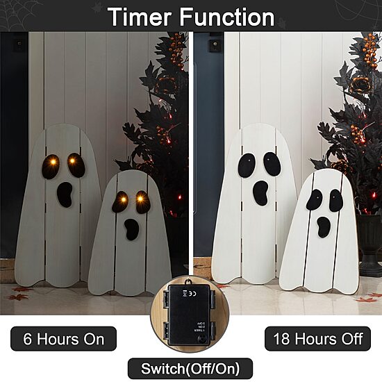 Glitzhome 24"H Halloween Lighted Wooden White Ghost Porch Sign