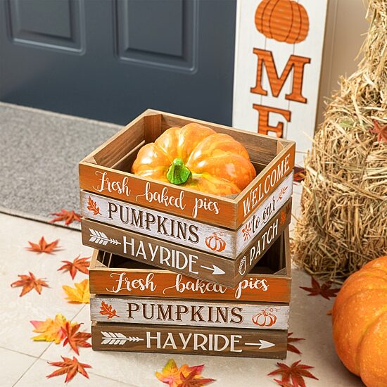 Glitzhome Set Of 2 Wooden Pumpkin Crate Decorative Box