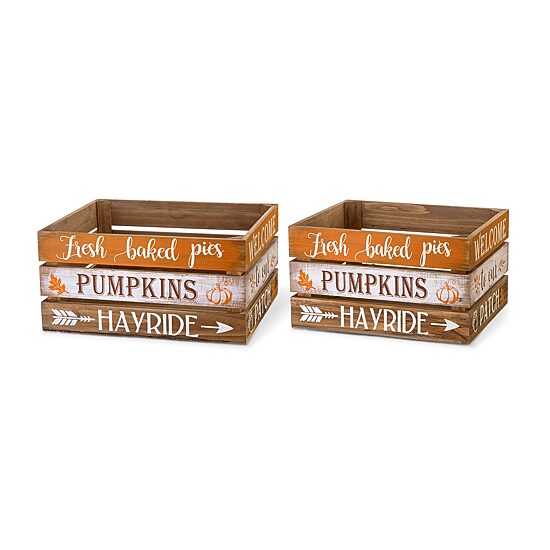 Glitzhome Set Of 2 Wooden Pumpkin Crate Decorative Box