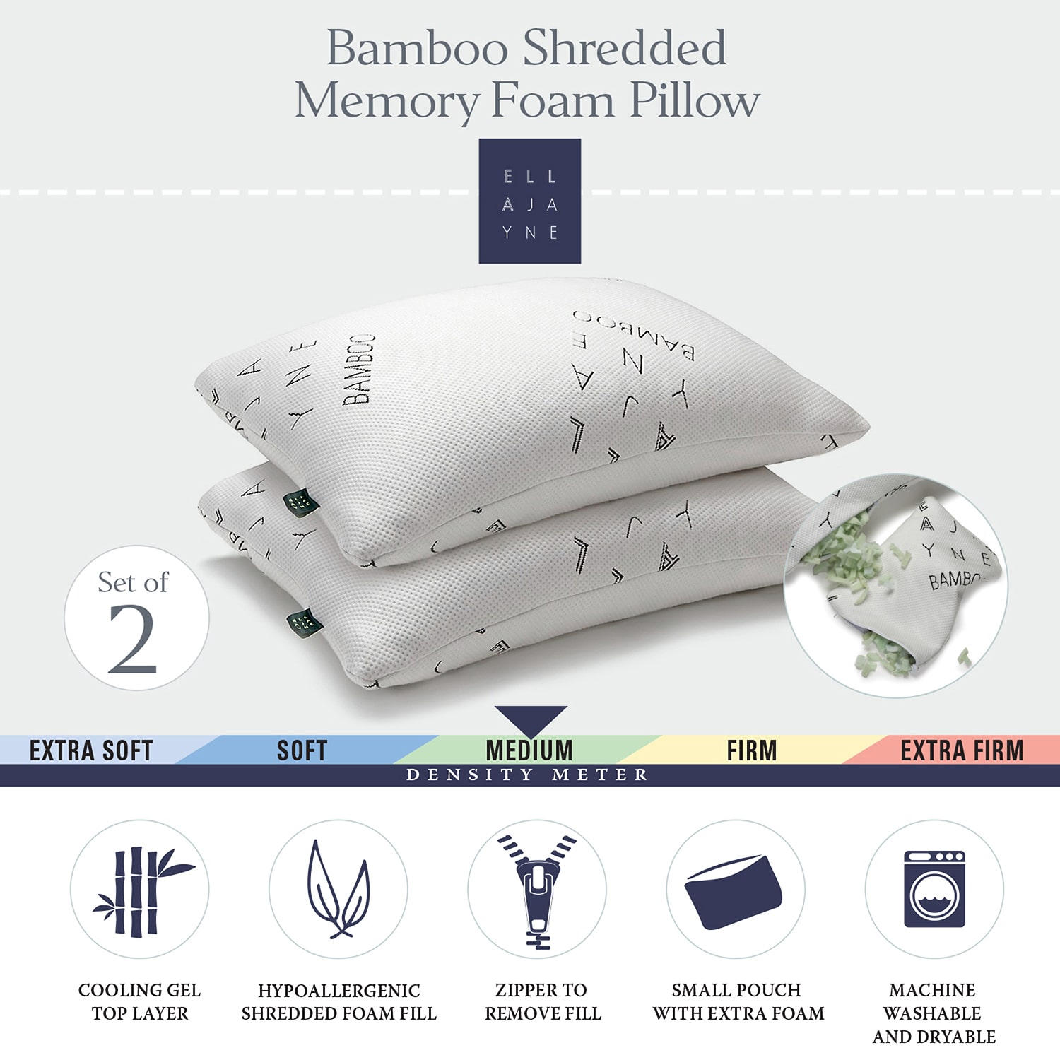Ella Jayne Density Adjustable Bamboo Rayon Shredded Memory Foam Pillow with Bonus Travel Pillow Set of 2