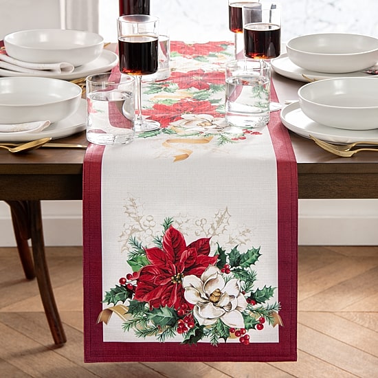 Elrene Home Fashions Poinsettia Garlands Engineered Table Runner