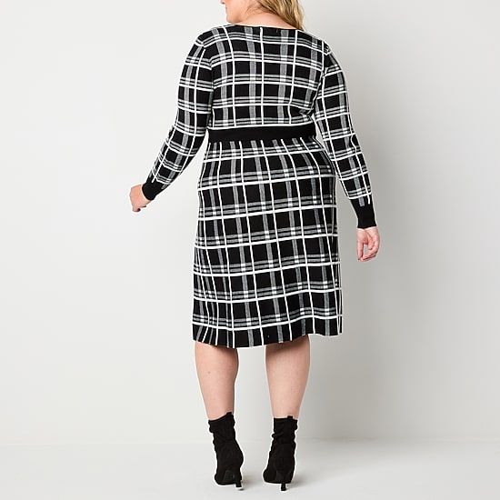 Robbie Bee Womens Plus Long Sleeve Plaid Midi Sweater Dress