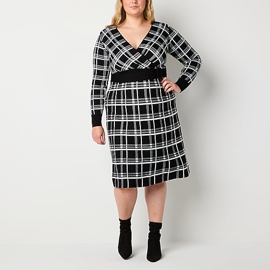 Robbie Bee Womens Plus Long Sleeve Plaid Midi Sweater Dress