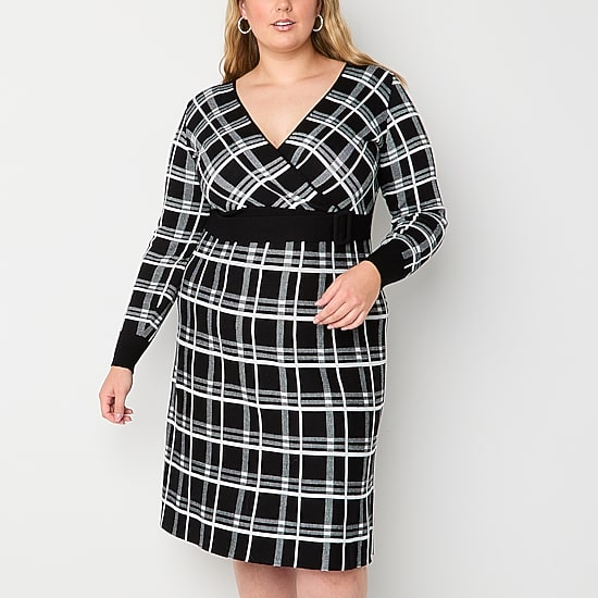 Robbie Bee Womens Plus Long Sleeve Plaid Midi Sweater Dress