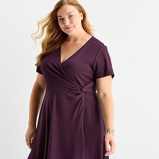 Perceptions Womens Plus Short Sleeve Midi Fit + Flare Dress