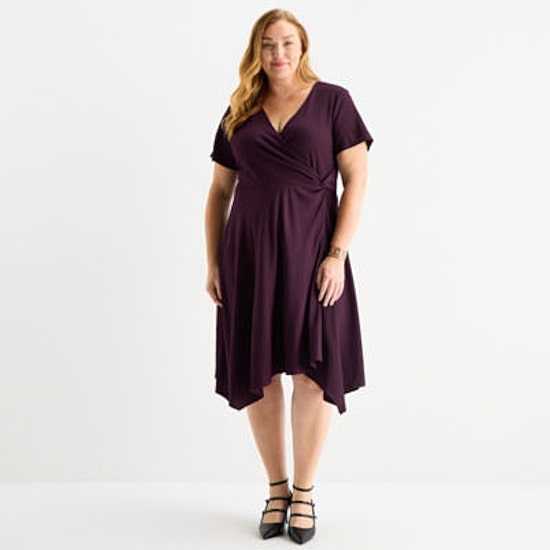 Perceptions Womens Plus Short Sleeve Midi Fit + Flare Dress