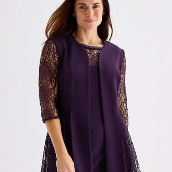 Maya Brooke Womens Fitted Lace Pearl Trim Jacket Dress