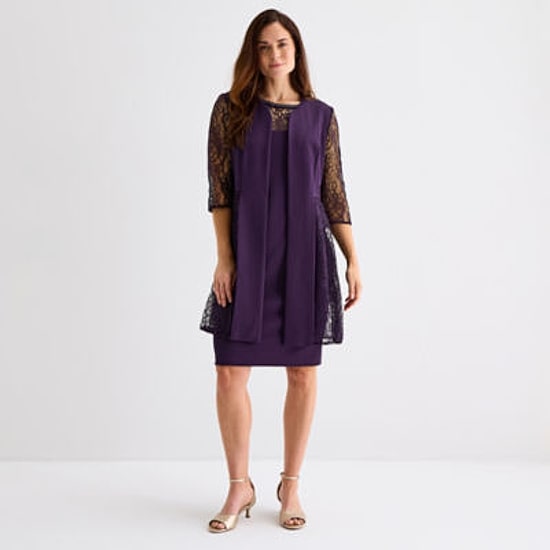 Maya Brooke Womens Fitted Lace Pearl Trim Jacket Dress