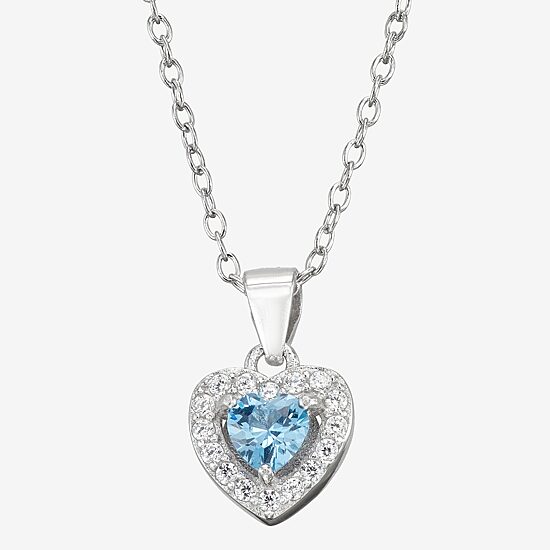 Girls Blue Cubic Zirconia Sterling Silver Heart 15 Inch Pendant Necklace