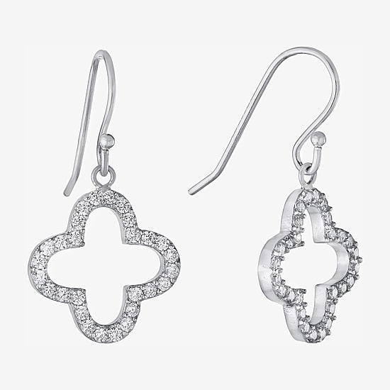 Silver Treasures Womens Cubic Zirconia Sterling Silver Clover Drop Earrings