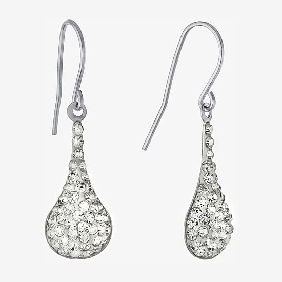 Silver Treasures Womens White Crystal Sterling Silver Oval Drop Earrings