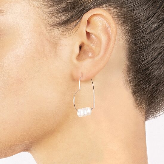 Silver Treasures Womens White Simulated Pearl Sterling Silver 27.1mm Heart Hoop Earrings