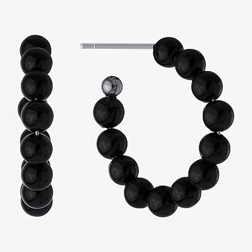 Silver Treasures Womens Black Chalcedony Sterling Silver 24.8mm Hoop Earrings, One Size