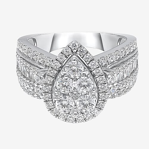2 CT.T.W. Natural Diamond Pear Shape Side Stone Halo Engagement Ring in 10K or 14K White Gold, 7, White