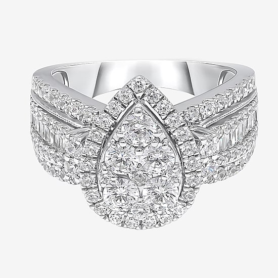 2 CT.T.W. Natural Diamond Pear Shape Side Stone Halo Engagement Ring in 10K or 14K White Gold