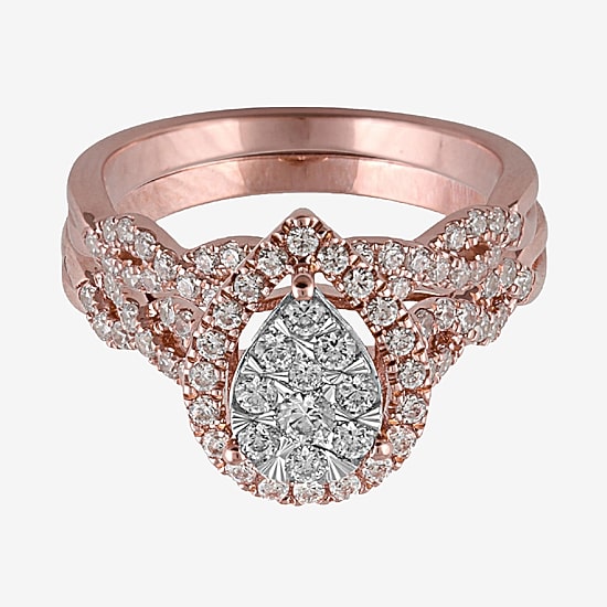Signature By Modern Bride 1 CT.T.W. Natural Diamond Pear Shape Side Stone Halo Bridal Set in 10K or 14K Gold