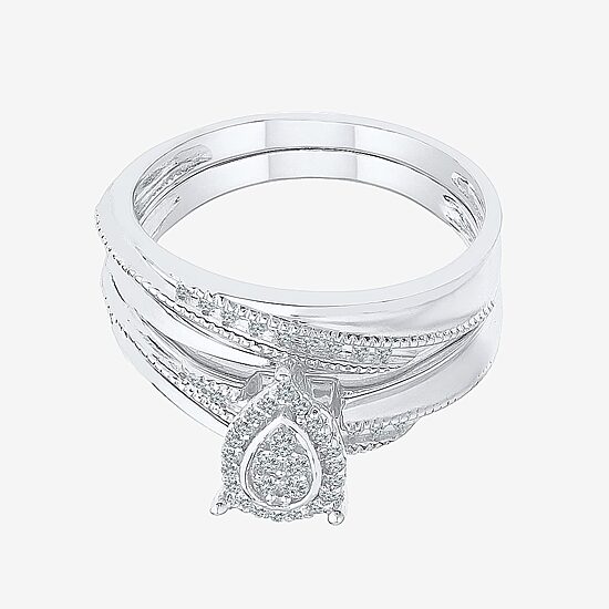 Womens 1/5 CT. Natural White Diamond Sterling Silver Pear Halo Bridal Set