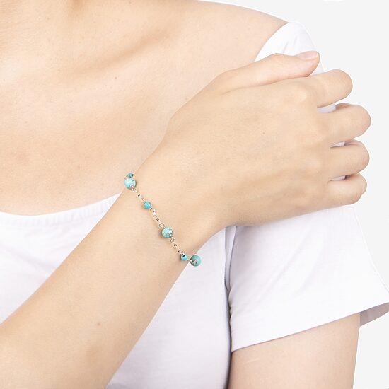 Womens Enhanced Blue Turquoise Sterling Silver Beaded Bracelet