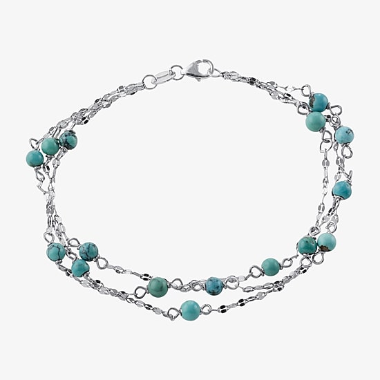 Womens Enhanced Blue Turquoise Sterling Silver Beaded Bracelet