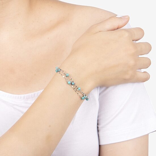 Womens Enhanced Blue Turquoise Sterling Silver Beaded Bracelet