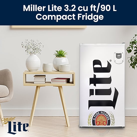 Miller Lite Compact Fridge with Bottle Opener- 90 L/ 95 Qt 3.2 Cu Ft