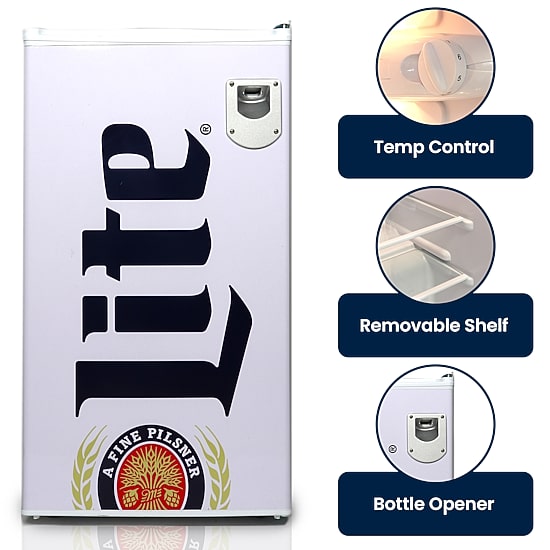 Miller Lite Compact Fridge with Bottle Opener- 90 L/ 95 Qt 3.2 Cu Ft