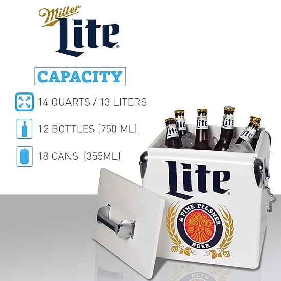 Miller Lite Retro Ice Chest Cooler with Bottle Opener 13L (14 qt)- White and Blue