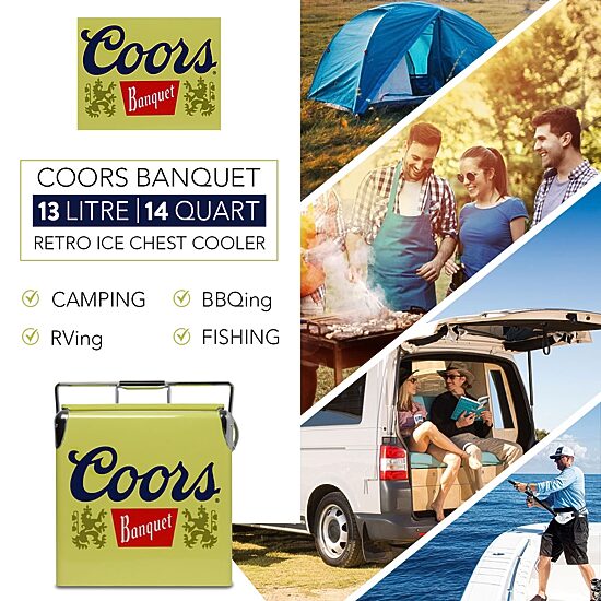 Coors Banquet Retro Ice Chest Cooler with Bottle Opener 13L (14 qt)- Yellow and Silver