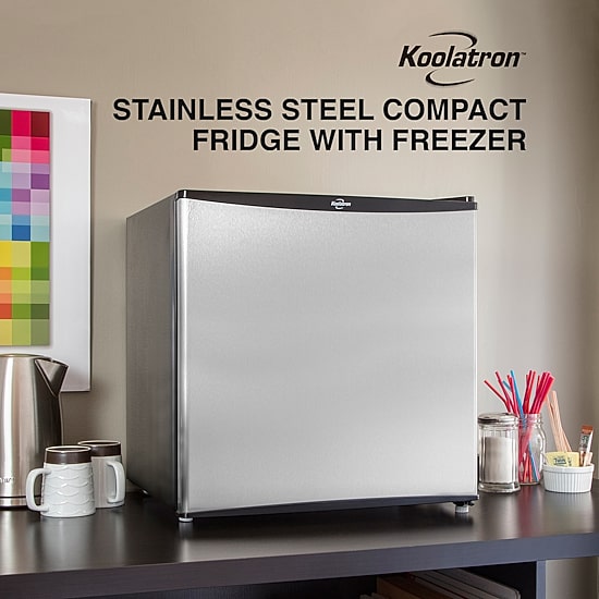 Stainless Steel Compact Fridge with Freezer- 1.6 cu ft (44L)- Silver and Black Reversible Door