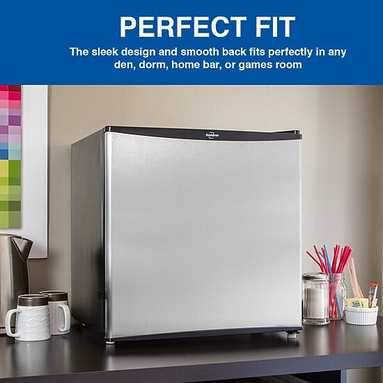 Stainless Steel Compact Fridge with Freezer- 1.6 cu ft (44L)- Silver and Black Reversible Door