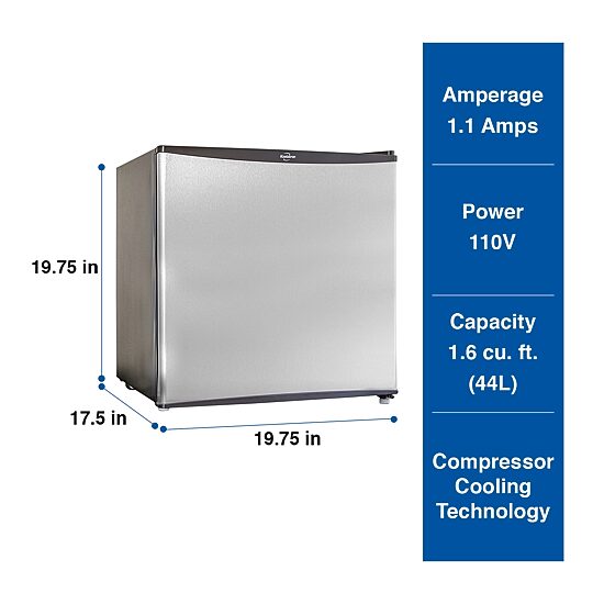 Stainless Steel Compact Fridge with Freezer- 1.6 cu ft (44L)- Silver and Black Reversible Door