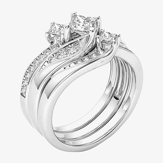 Love Lives Forever Womens 1 CT. T.W. Natural White Diamond 14K Gold 3-Stone Bypass  Bridal Set