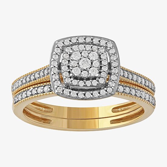 Womens 1/3 CT. T.W. Natural White Diamond 10K Gold Cushion Halo Bridal Set