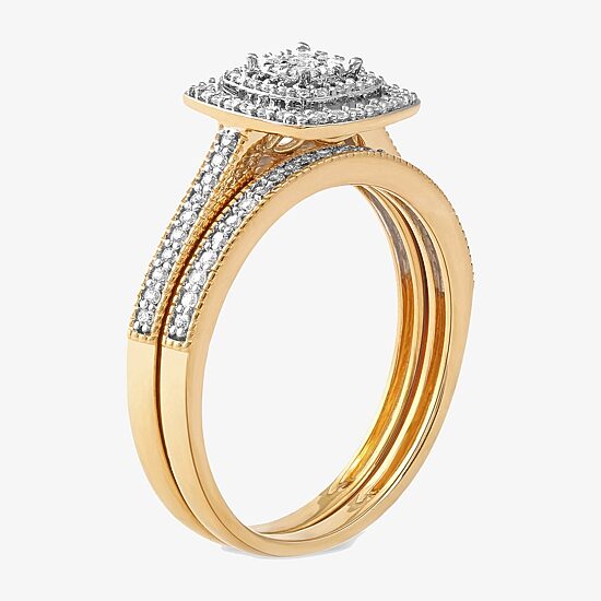Womens 1/3 CT. T.W. Natural White Diamond 10K Gold Cushion Halo Bridal Set