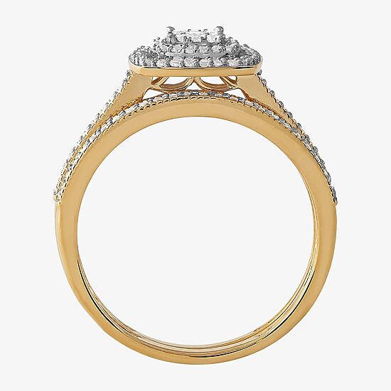 Womens 1/3 CT. T.W. Natural White Diamond 10K Gold Cushion Halo Bridal Set